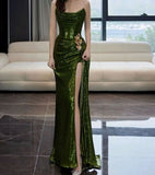 Niulatu Mermaid Strapless Dark Green Sequin Slit Long Prom Dresses Party Dresses HZ1110