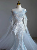 Niulatu Mermaid Strapless Sequin Sky Blue Evening Dress Long Prom Dresses HZ1110