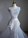 Niulatu Mermaid Strapless Sequin Sky Blue Evening Dress Long Prom Dresses HZ1110