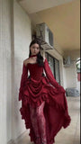 Niulatu High Low Strapless Burgundy Satin Prom Dress Birthday Outfits With Sleeves HZ1110