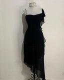 Niulatu High Low Straps Black Chiffon Prom Dress Birthday Outfits HZ1110