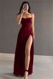Niulatu A Line Spaghetti Straps Red Satin Long Length Prom Dresses Birthday Outfits HZ1110