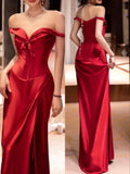 Niulatu Sheath Off The Shoulder Red Satin Long Length Prom Dresses Birthday Outfits HZ1110