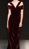 Niulatu Sheath V Neckline Burgundy Velvet Long Prom Dresses Birthday Outfits With Ruffles HZ1110