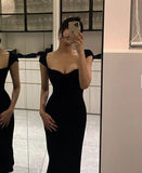 Niulatu Floor Length Black Prom Dresses Evening Dress With Cap Sleeves HZ1110