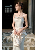 Niulatu Mermaid Spaghetti Straps White Ruffles Prom Dresses Party Dresses HZ1110