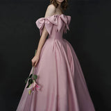 Niulatu A line Off The Shoulder Satin Pink Evening Dress Long Prom Dresses HZ1110