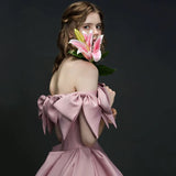 Niulatu A line Off The Shoulder Satin Pink Evening Dress Long Prom Dresses HZ1110
