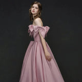 Niulatu A line Off The Shoulder Satin Pink Evening Dress Long Prom Dresses HZ1110