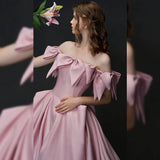 Niulatu A line Off The Shoulder Satin Pink Evening Dress Long Prom Dresses HZ1110