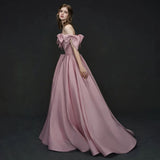 Niulatu A line Off The Shoulder Satin Pink Evening Dress Long Prom Dresses HZ1110