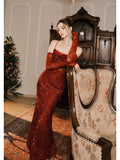 Niulatu Mermaid Spaghetti Straps Burgundy Sequin Ruffles Prom Dresses Party Dresses HZ1110