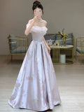 Niulatu A line Off The Shoulder Satin Floral Evening Dress Long Prom Dresses HZ1110