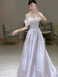 Niulatu A line Off The Shoulder Satin Floral Evening Dress Long Prom Dresses HZ1110