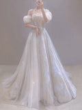 Niulatu A line Straps White Tulle Long Wedding Dresses With Beads HZ1110