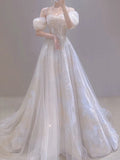Niulatu A line Straps White Tulle Long Wedding Dresses With Beads HZ1110