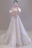 Niulatu A line Straps White Tulle Long Wedding Dresses With Beads HZ1110