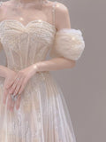 Niulatu A line Straps White Tulle Long Wedding Dresses With Beads HZ1110