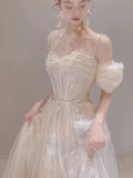 Niulatu A line Straps White Tulle Long Wedding Dresses With Beads HZ1110