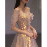 Niulatu A line Off The Shoulder Sequin Pink Evening Dress Long Prom Dresses HZ1110