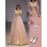 Niulatu A line Off The Shoulder Sequin Pink Evening Dress Long Prom Dresses HZ1110