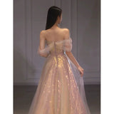 Niulatu A line Off The Shoulder Sequin Pink Evening Dress Long Prom Dresses HZ1110