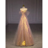 Niulatu A line Off The Shoulder Sequin Pink Evening Dress Long Prom Dresses HZ1110