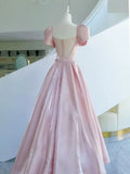 Niulatu A line Square Neckline Satin Short Sleeves Pink Evening Dress Long Prom Dresses HZ1110