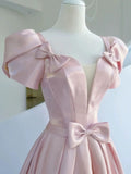 Niulatu A line Square Neckline Satin Short Sleeves Pink Evening Dress Long Prom Dresses HZ1110