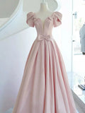 Niulatu A line Square Neckline Satin Short Sleeves Pink Evening Dress Long Prom Dresses HZ1110