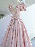Niulatu A line Square Neckline Satin Short Sleeves Pink Evening Dress Long Prom Dresses HZ1110