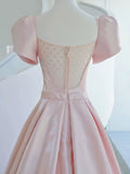 Niulatu A line Square Neckline Satin Short Sleeves Pink Evening Dress Long Prom Dresses HZ1110