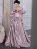 Niulatu Ball Gown Off The Shoulder Lilac Short Sleeves Evening Dress Long Prom Dresses HZ1110