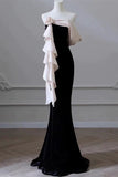 Niulatu Mermaid Strapless Black Velvet Flowers Ruffles Prom Dresses Party Dresses HZ1110