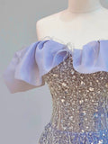 Niulatu Ball Gown Off The Shoulder Lilac Short Sleeves Sequin Evening Dress Long Prom Dresses HZ1110