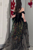 Niulatu Ball Gown Off The Shoulder Black Short Sleeves Sequin Evening Dress Long Prom Dresses HZ1110