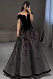 Niulatu Ball Gown Off The Shoulder Black Short Sleeves Sequin Evening Dress Long Prom Dresses HZ1110