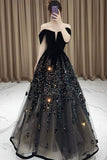 Niulatu Ball Gown Off The Shoulder Black Short Sleeves Sequin Evening Dress Long Prom Dresses HZ1110