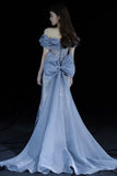 Niulatu Mermaid Off The Shoulder Blue Short Sleeves Sequin Evening Dress Long Prom Dresses HZ1110