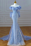 Niulatu Mermaid Off The Shoulder Blue Short Sleeves Sequin Evening Dress Long Prom Dresses HZ1110