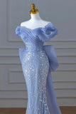Niulatu Mermaid Off The Shoulder Blue Short Sleeves Sequin Evening Dress Long Prom Dresses HZ1110