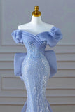Niulatu Mermaid Off The Shoulder Blue Short Sleeves Sequin Evening Dress Long Prom Dresses HZ1110