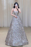 Niulatu Ball Gown Straps Sequin Silver Long Evening Dress Prom Dresses Birthday Outfits HZ1110