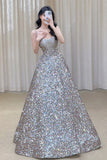 Niulatu Ball Gown Straps Sequin Silver Long Evening Dress Prom Dresses Birthday Outfits HZ1110
