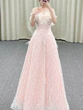 Niulatu A Line Off The Shoulder Sequin Pink Long Evening Dress Prom Dresses Birthday Outfits HZ1110