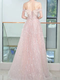 Niulatu A Line Off The Shoulder Sequin Pink Long Evening Dress Prom Dresses Birthday Outfits HZ1110