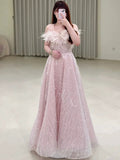 Niulatu A Line Off The Shoulder Sequin Pink Long Evening Dress Prom Dresses Birthday Outfits HZ1110