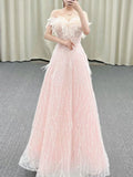 Niulatu A Line Off The Shoulder Sequin Pink Long Evening Dress Prom Dresses Birthday Outfits HZ1110
