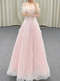 Niulatu A Line Off The Shoulder Sequin Pink Long Evening Dress Prom Dresses Birthday Outfits HZ1110