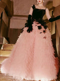 Niulatu Ball Gown Straps Tulle Layers Long Pink Ruffles Prom Dresses Sweet 16 Dresses HZ1110